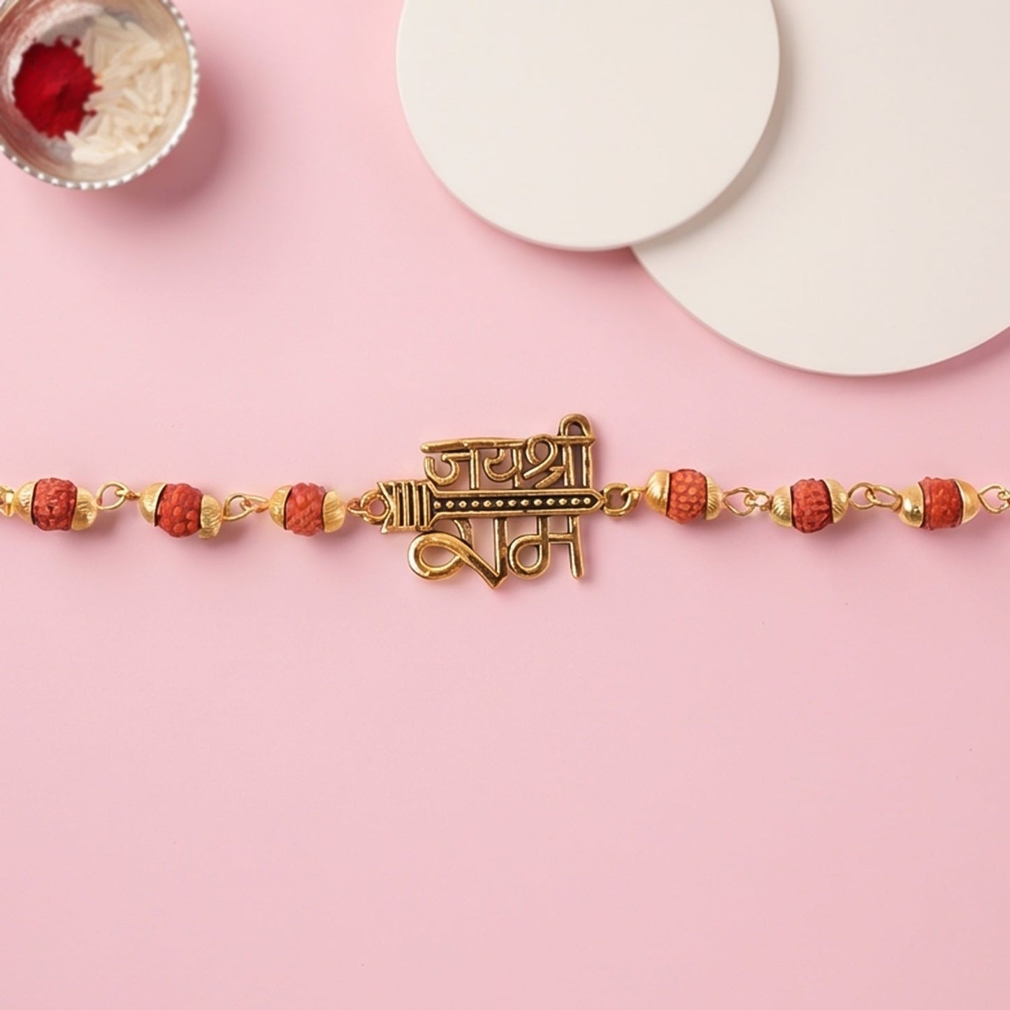 Jai Shree Ram Rudraksha Rakhi Golden Arrow Pendant Beaded Rakhi For Brother (1 Pc)