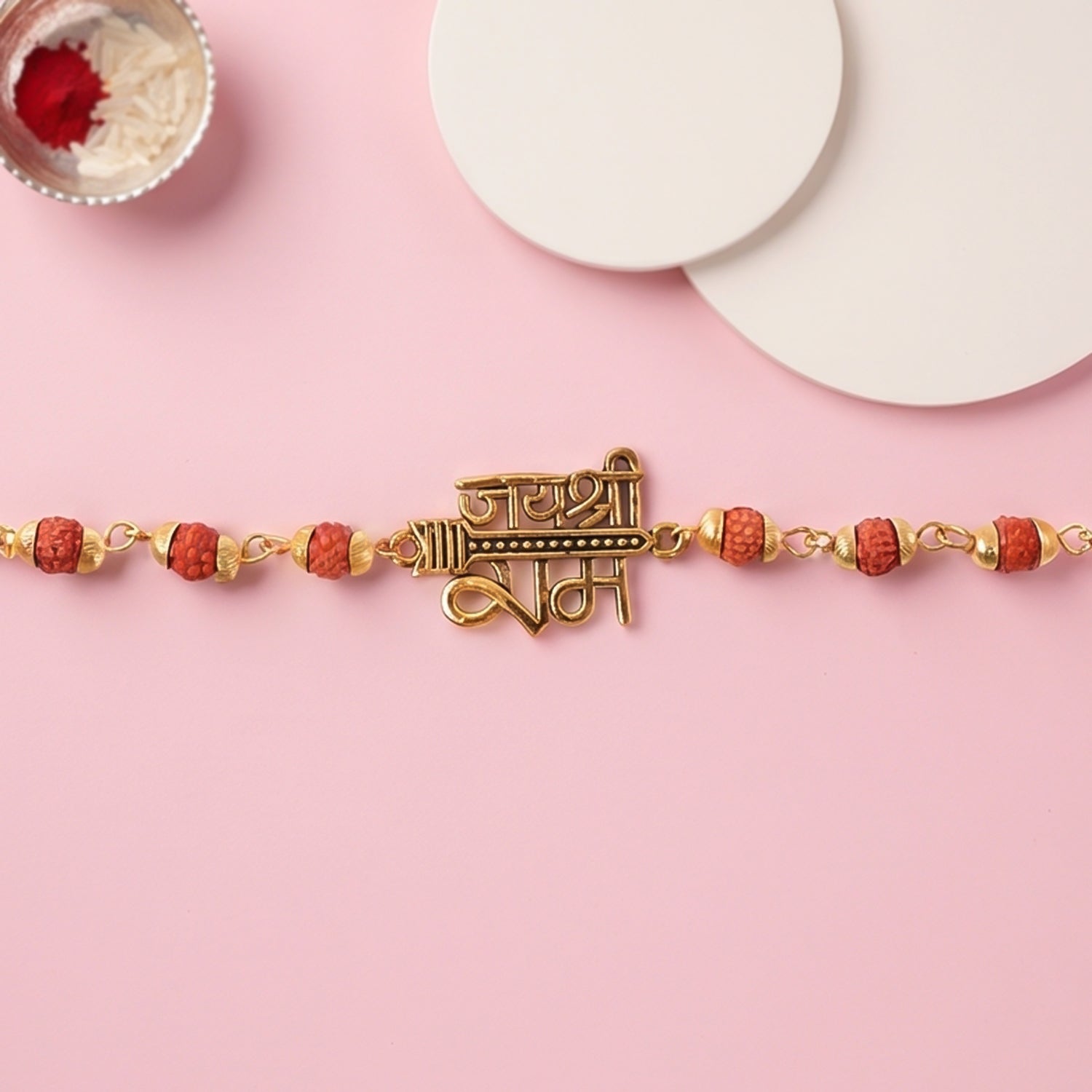 Jai Shree Ram Rudraksha Rakhi Golden Arrow Pendant Beaded Rakhi For Brother (1 Pc)